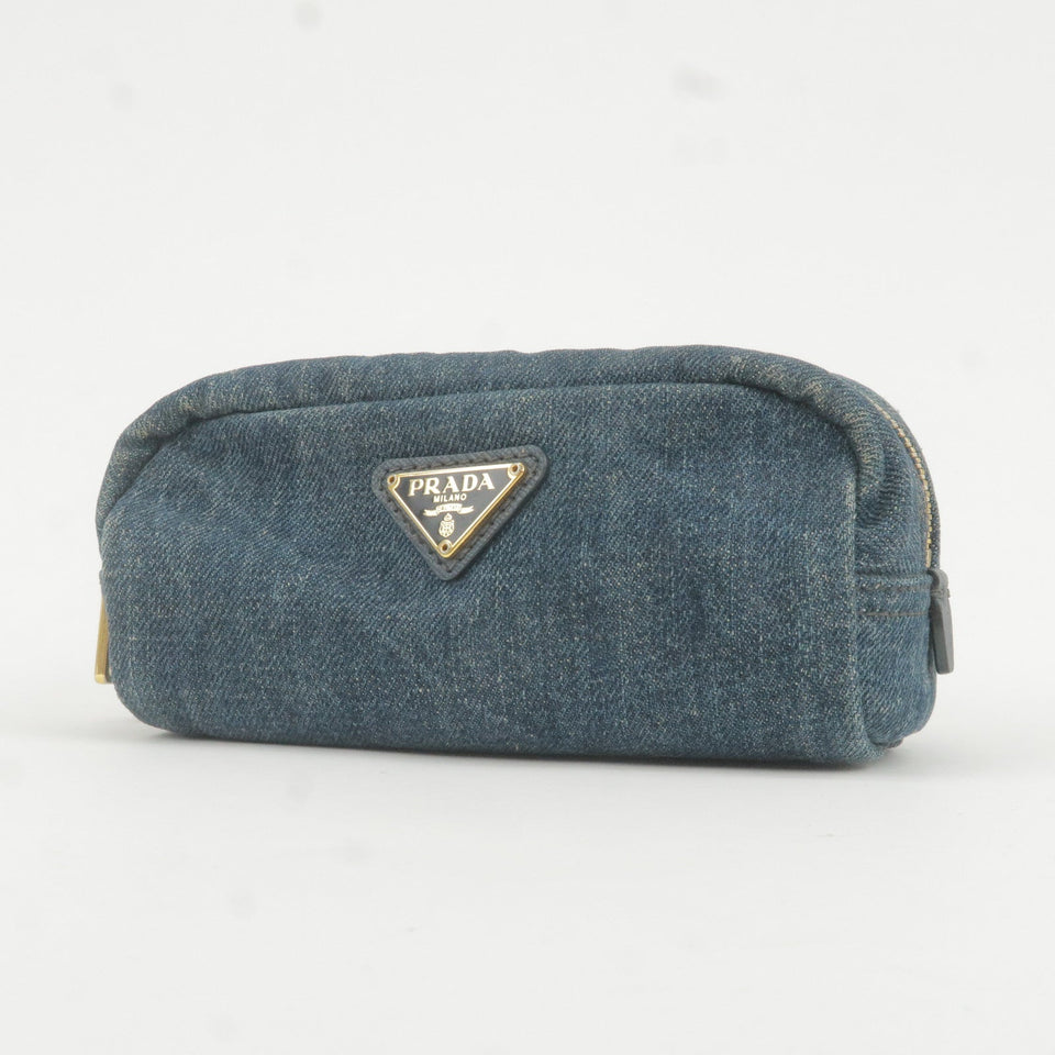 Prada Logo Denim Cosmetic Pouch Clutch Bag Navy Gold Metal