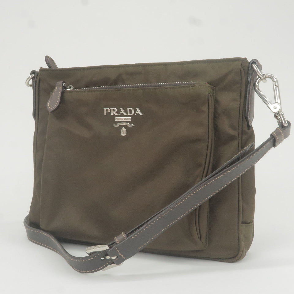 Prada Logo Nylon Leather Shoulder Bag Purse Khaki BT0693