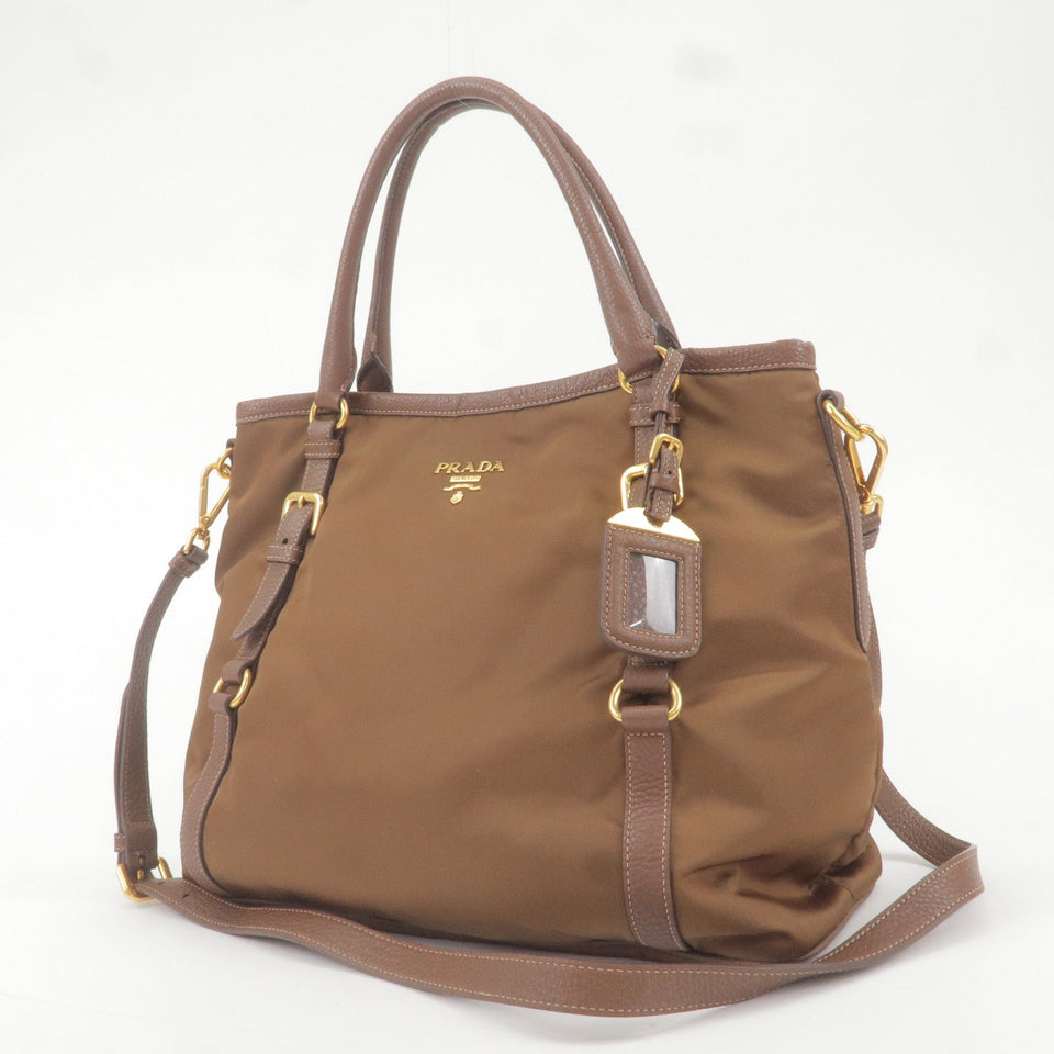 Prada Logo Nylon Leather 2Way Bag Hand Bag Brown BR4993