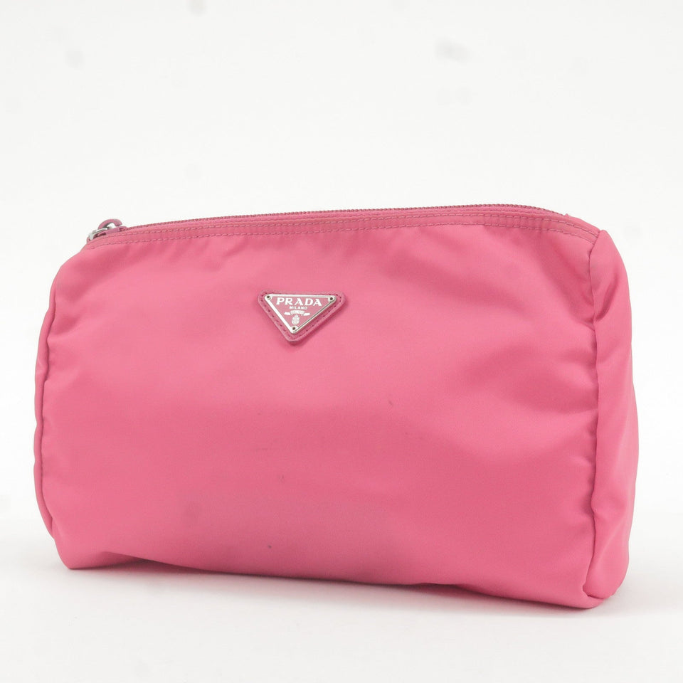 Prada Nylon Leather Cosmetic Pouch Clutch Bag Pink 1N0012