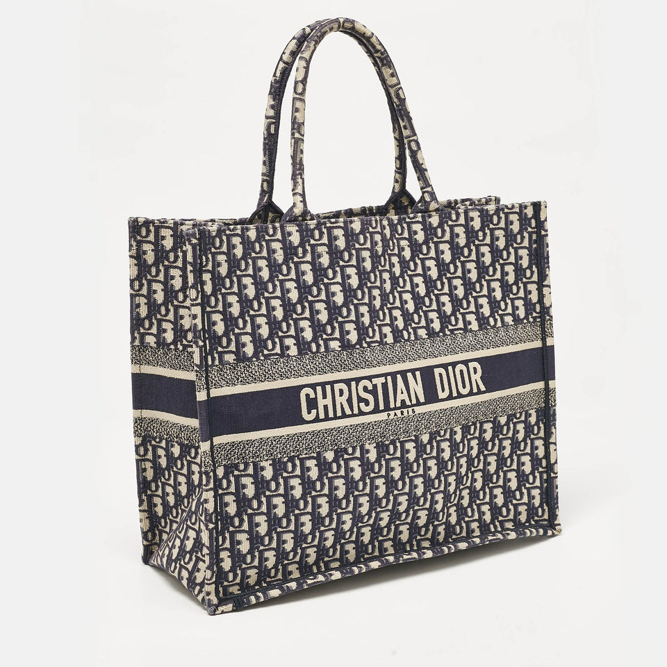 Dior Navy Blue Oblique Embroidered Canvas Large Book Tote