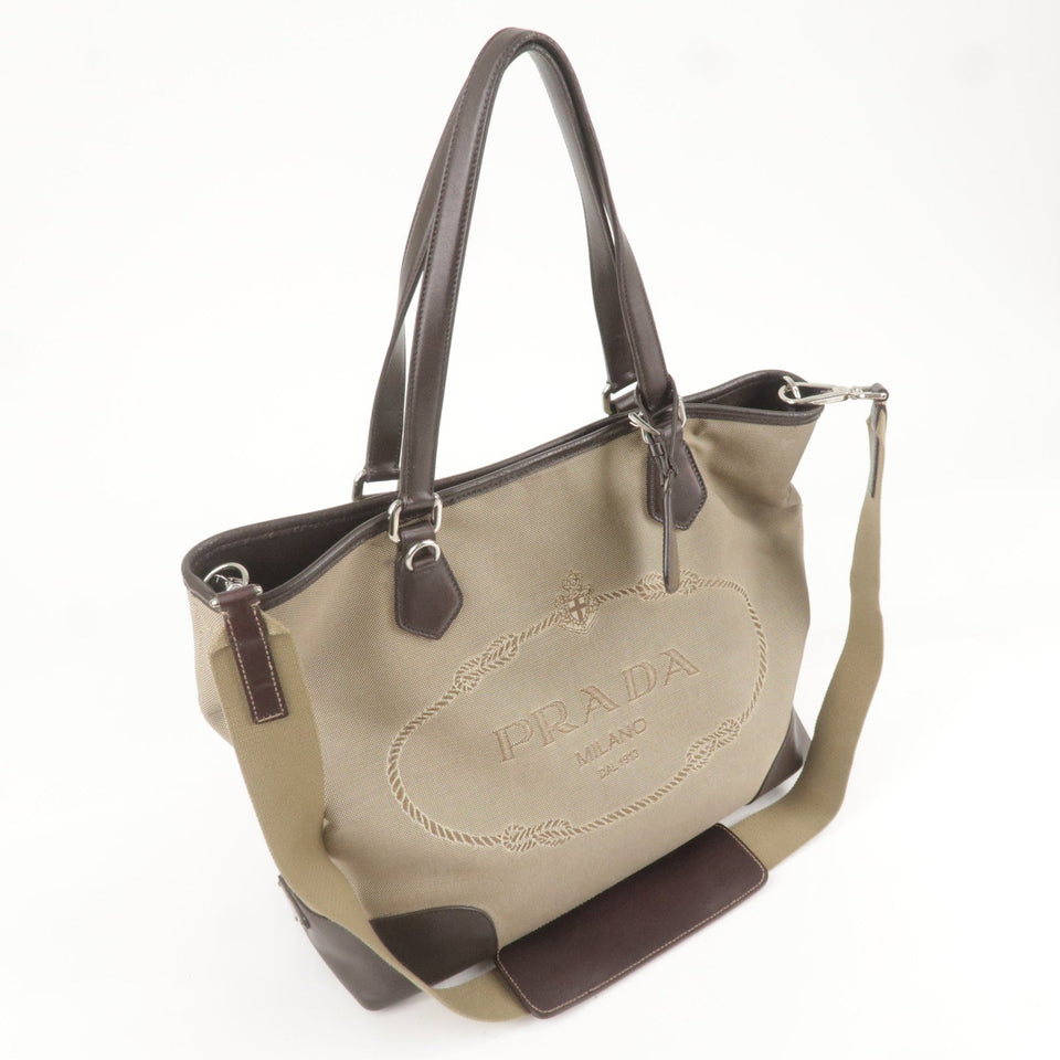Prada Logo Jacquard Leather 2Way Bag Tote Bag Beige BR3413