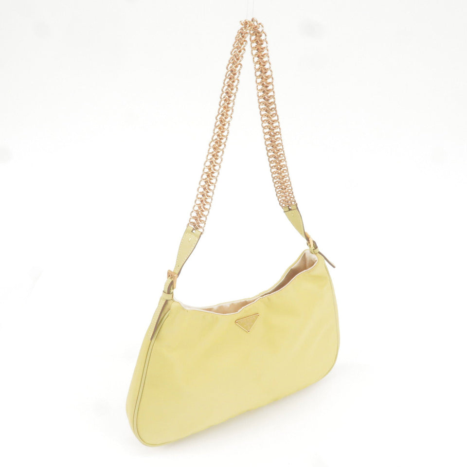 Prada Logo Nylon Leather Chain Shoulder Bag Yellow BR0104