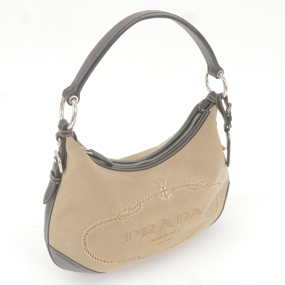 Prada Logo Jacquard Leather Shoulder Bag Beige Black BR3430