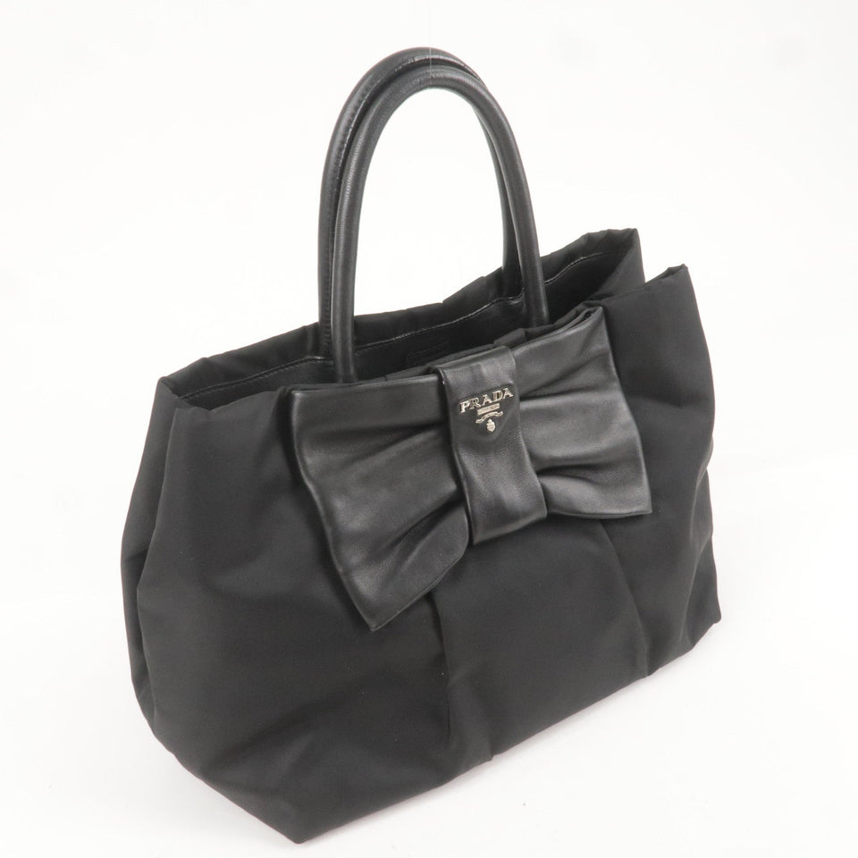 Prada Logo Nylon Leather Ribbon Tote Bag Black NERO BN1601
