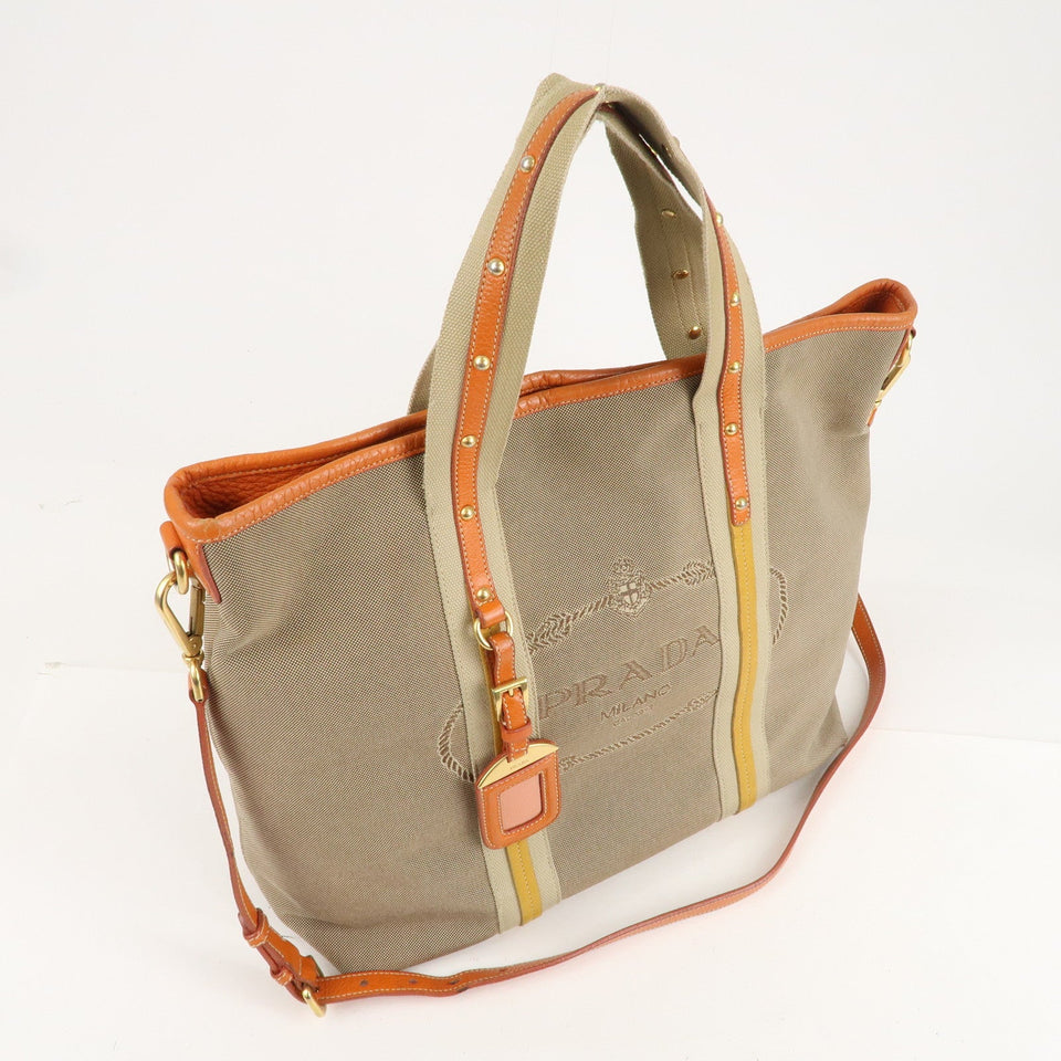 Prada Logo Jacquard Leather 2Way Hand Bag Beige Orange BN1453