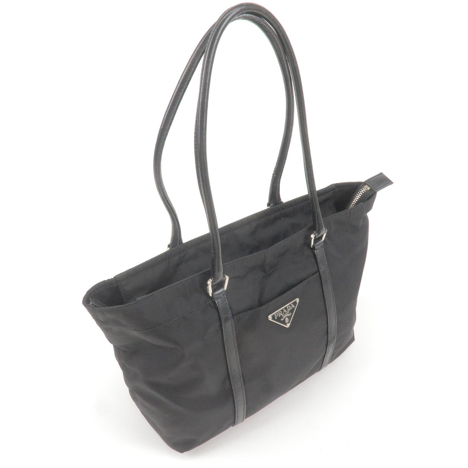Prada Logo Nylon Leather Tote Bag Hand Bag NERO Black