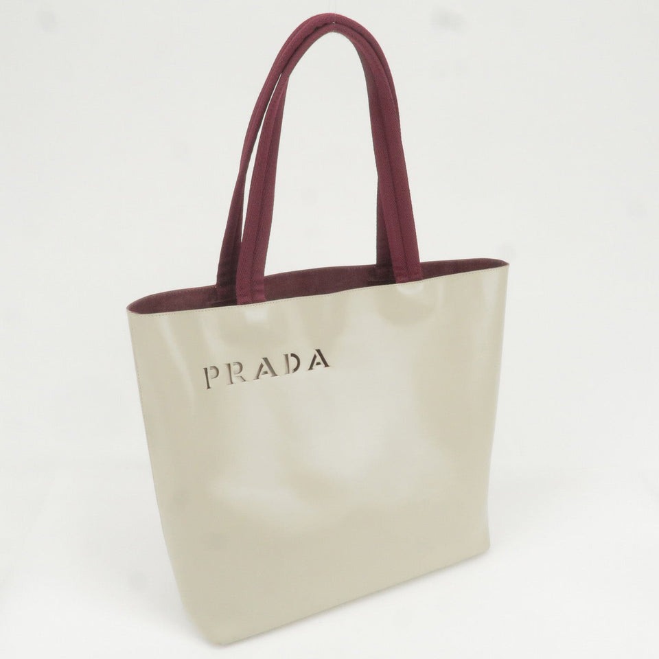 Prada Leather Canvas Tote Bag Hand Bag Greige Red Wine B10189