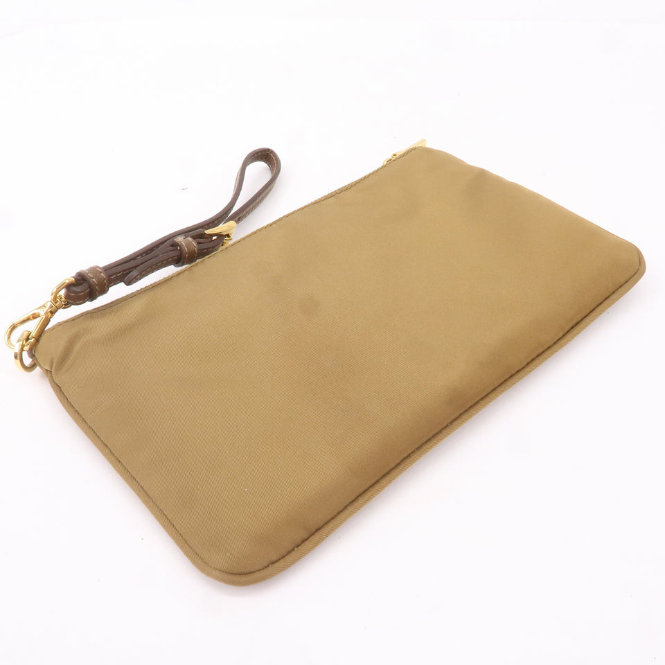 Prada Logo Nylon Leather Clutch Bag Pouch Brown