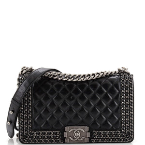 CHANEL Chained Boy Flap Bag Quilted Glazed Calfskin Old Medium
