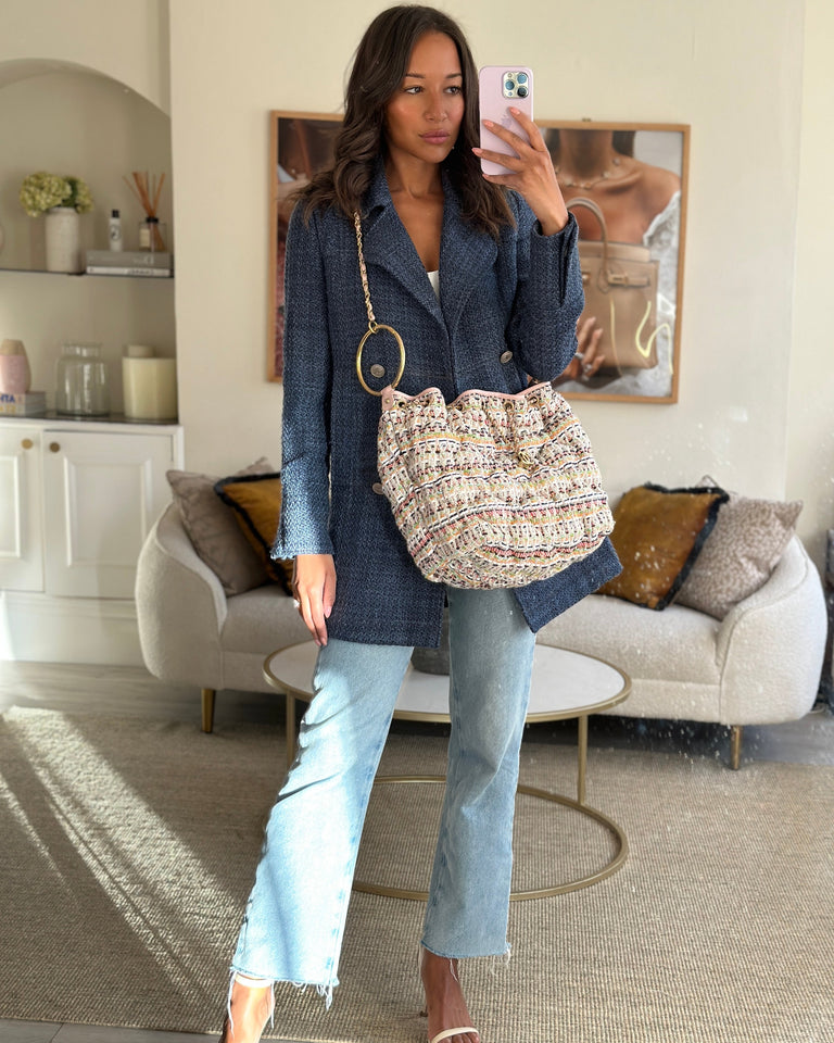 Chanel Limited Edition Multi-Colour Tweed Chesterfield Bucket Bag with Brushed Gold Ring Detail