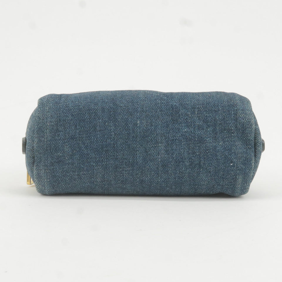 Prada Logo Denim Cosmetic Pouch Clutch Bag Navy Gold Metal