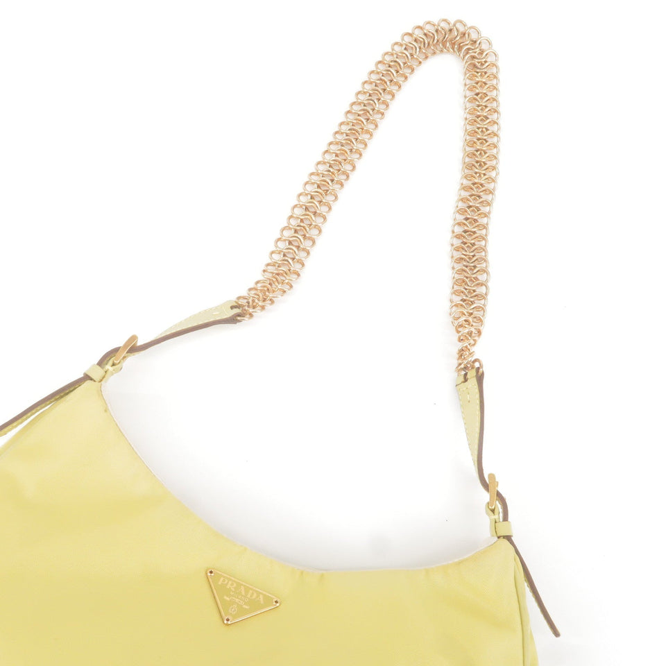 Prada Logo Nylon Leather Chain Shoulder Bag Yellow BR0104