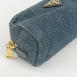 Prada Logo Denim Cosmetic Pouch Clutch Bag Navy Gold Metal