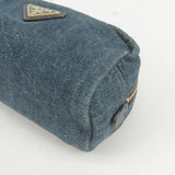 Prada Logo Denim Cosmetic Pouch Clutch Bag Navy Gold Metal