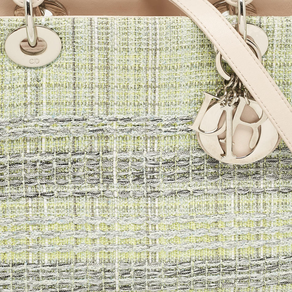 Dior Green/beige Leather And Tweed Medium Lady Dior Tote