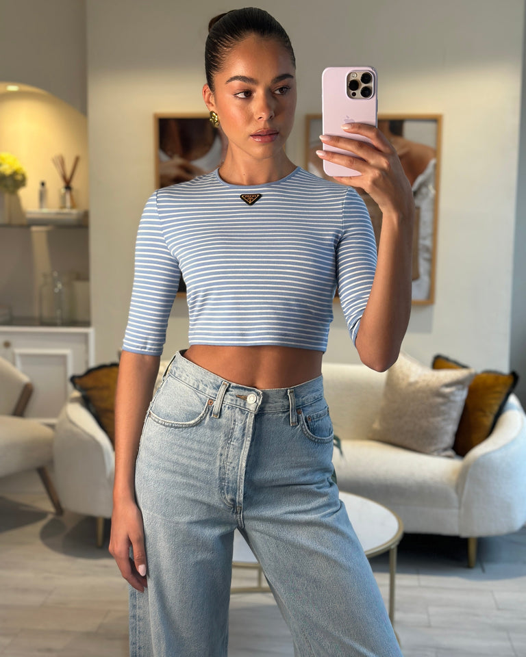 Prada Baby Blue and White Stripped Jersey Cropped Top Size IT 38 (UK 6)