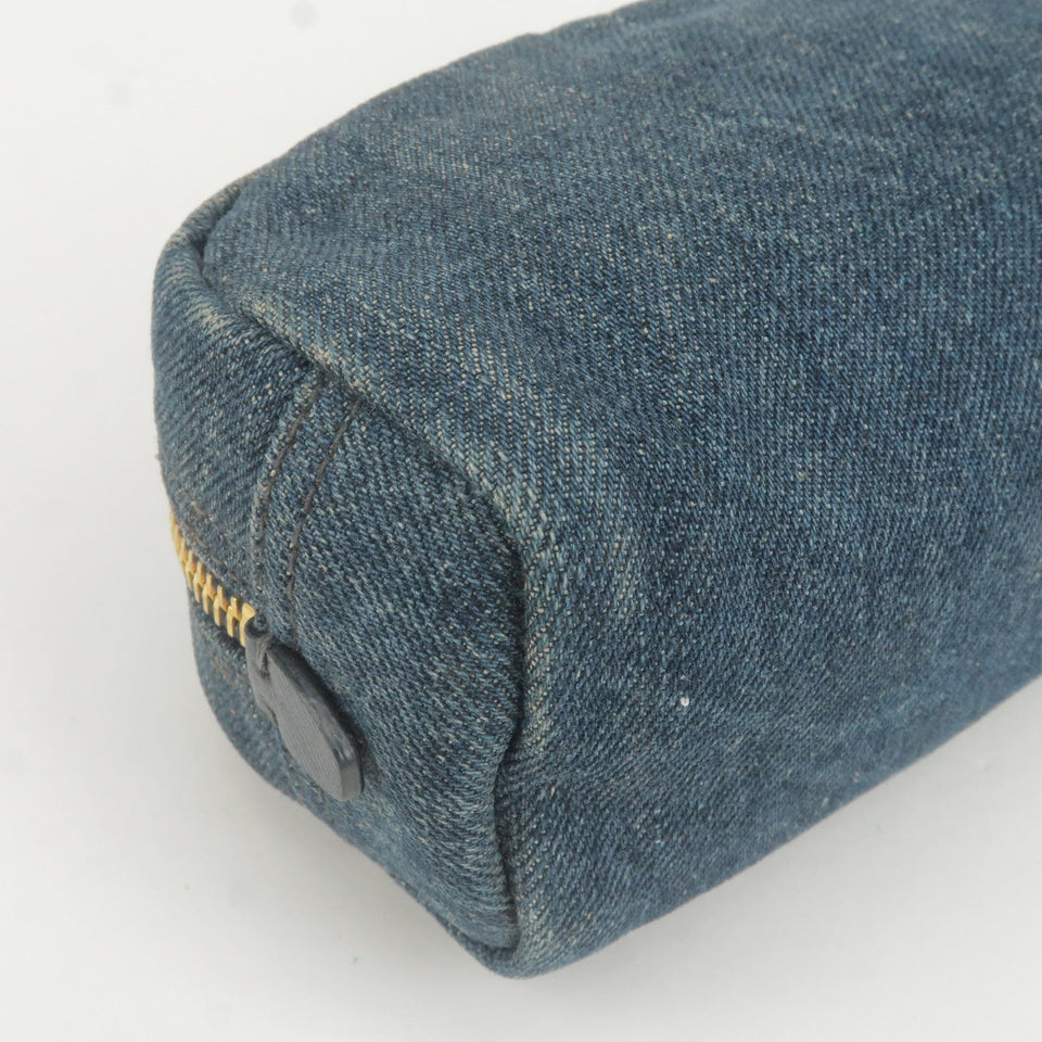 Prada Logo Denim Cosmetic Pouch Clutch Bag Navy Gold Metal