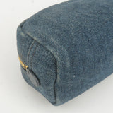 Prada Logo Denim Cosmetic Pouch Clutch Bag Navy Gold Metal