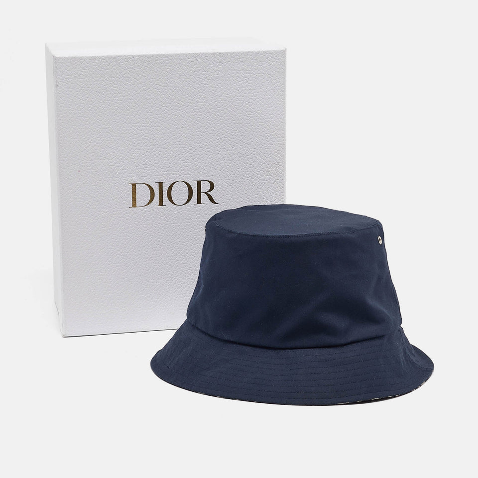 Dior Navy Blue Oblique Teddy-D Brim Cotton Blend Reversible Bucket Hat