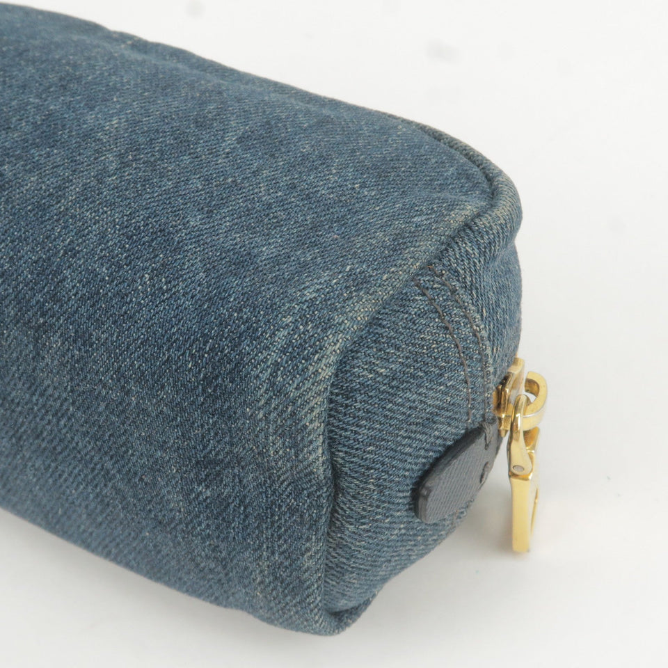 Prada Logo Denim Cosmetic Pouch Clutch Bag Navy Gold Metal