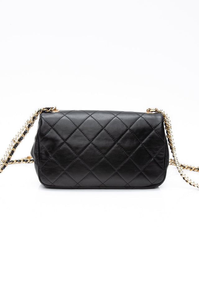 CHANEL Small Black Crystal Pearls Chain Lambskin Quilted Flap Bag