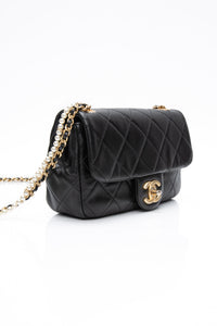 CHANEL Small Black Crystal Pearls Chain Lambskin Quilted Flap Bag