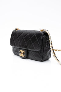 CHANEL Small Black Crystal Pearls Chain Lambskin Quilted Flap Bag