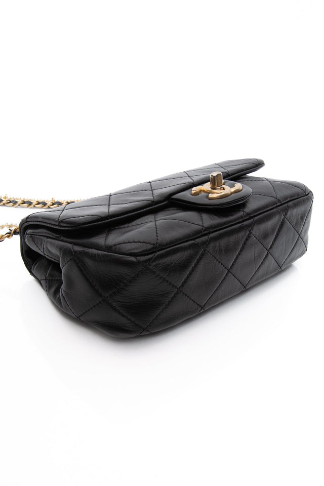 CHANEL Small Black Crystal Pearls Chain Lambskin Quilted Flap Bag