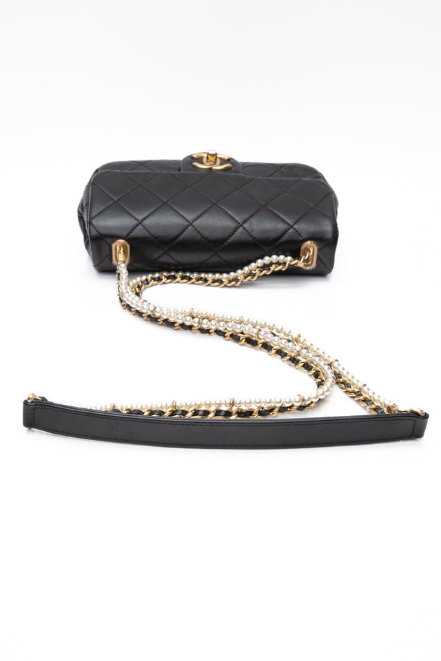 CHANEL Small Black Crystal Pearls Chain Lambskin Quilted Flap Bag