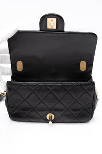 CHANEL Small Black Crystal Pearls Chain Lambskin Quilted Flap Bag