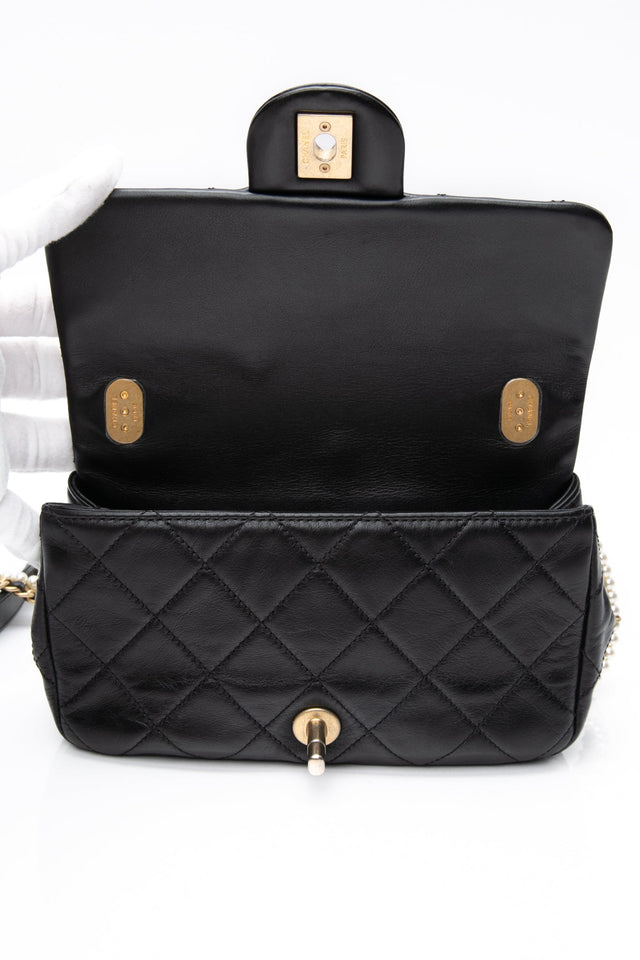 CHANEL Small Black Crystal Pearls Chain Lambskin Quilted Flap Bag