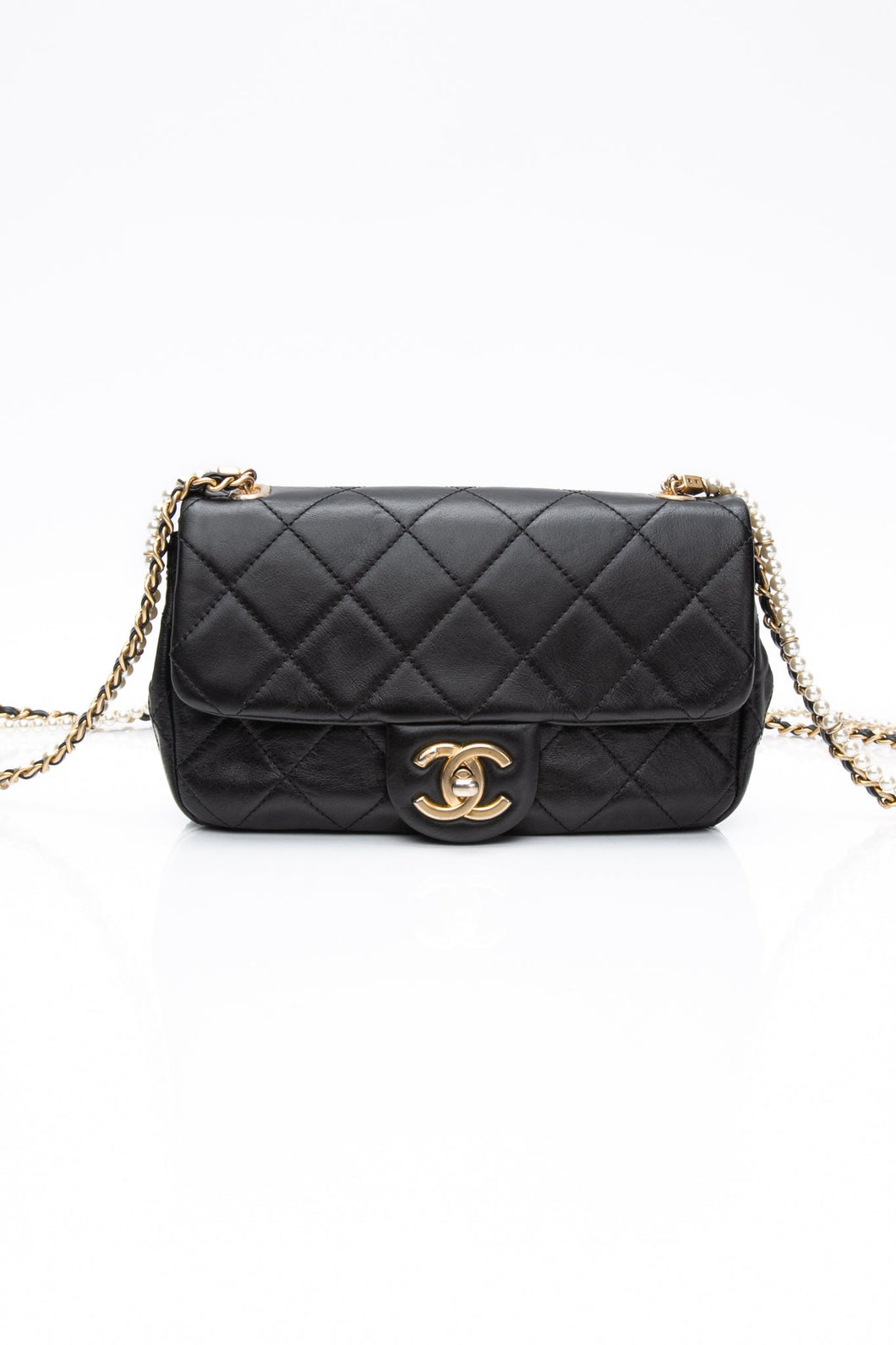 CHANEL Small Black Crystal Pearls Chain Lambskin Quilted Flap Bag