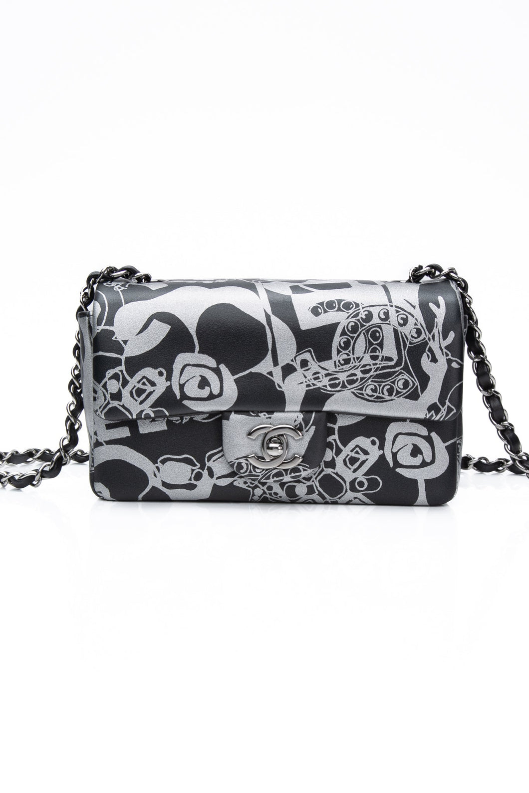 CHANEL 22C Black Silver Printed Lambskin Leather Rectangular Mini Flap Bag