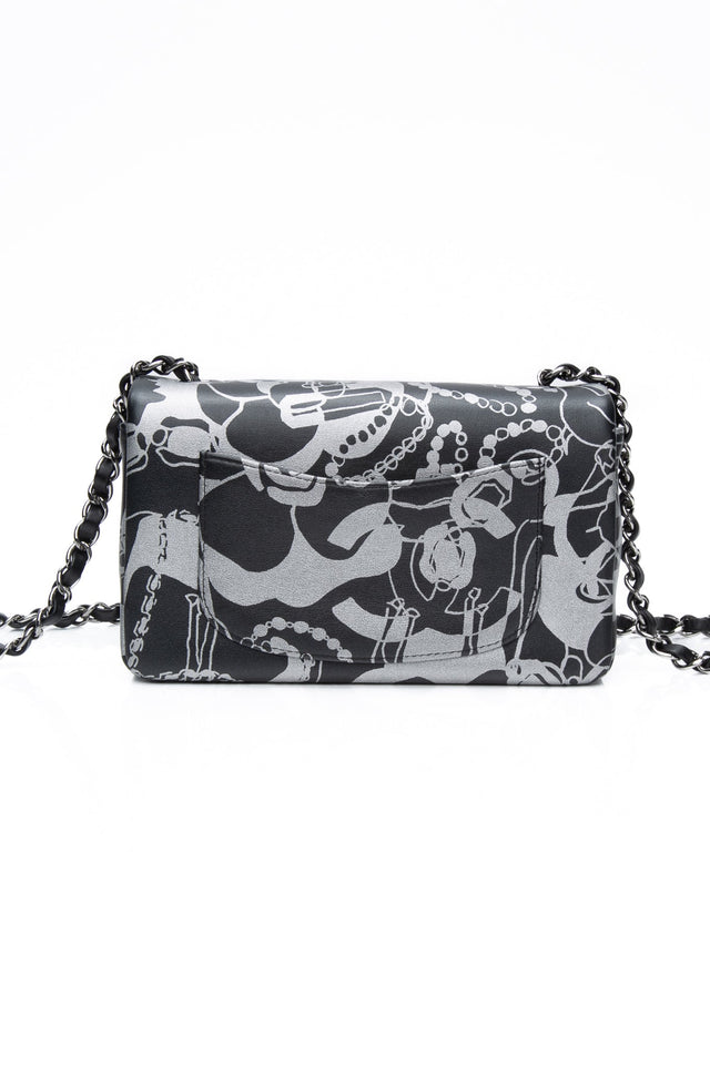 CHANEL 22C Black Silver Printed Lambskin Leather Rectangular Mini Flap Bag