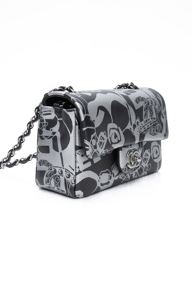 CHANEL 22C Black Silver Printed Lambskin Leather Rectangular Mini Flap Bag