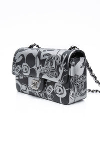 CHANEL 22C Black Silver Printed Lambskin Leather Rectangular Mini Flap Bag