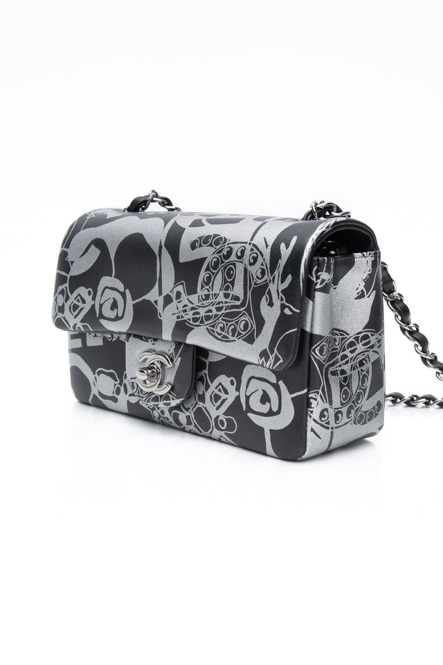 CHANEL 22C Black Silver Printed Lambskin Leather Rectangular Mini Flap Bag