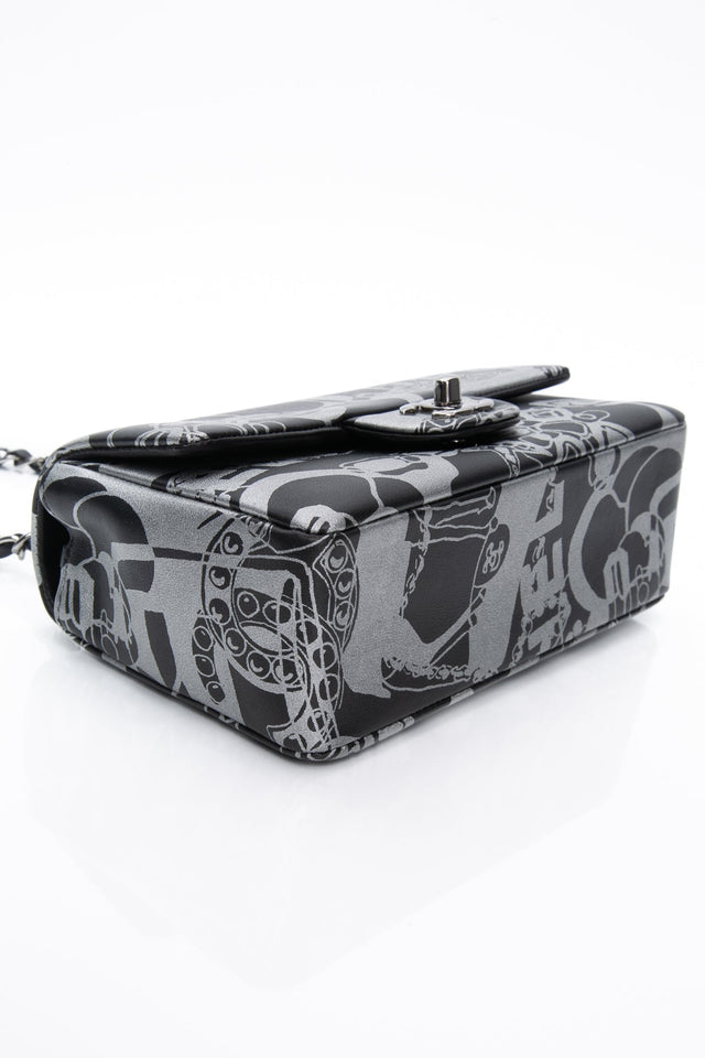 CHANEL 22C Black Silver Printed Lambskin Leather Rectangular Mini Flap Bag