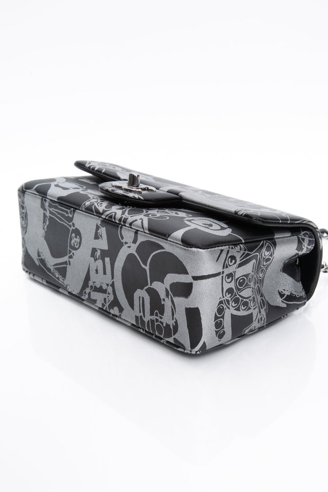 CHANEL 22C Black Silver Printed Lambskin Leather Rectangular Mini Flap Bag