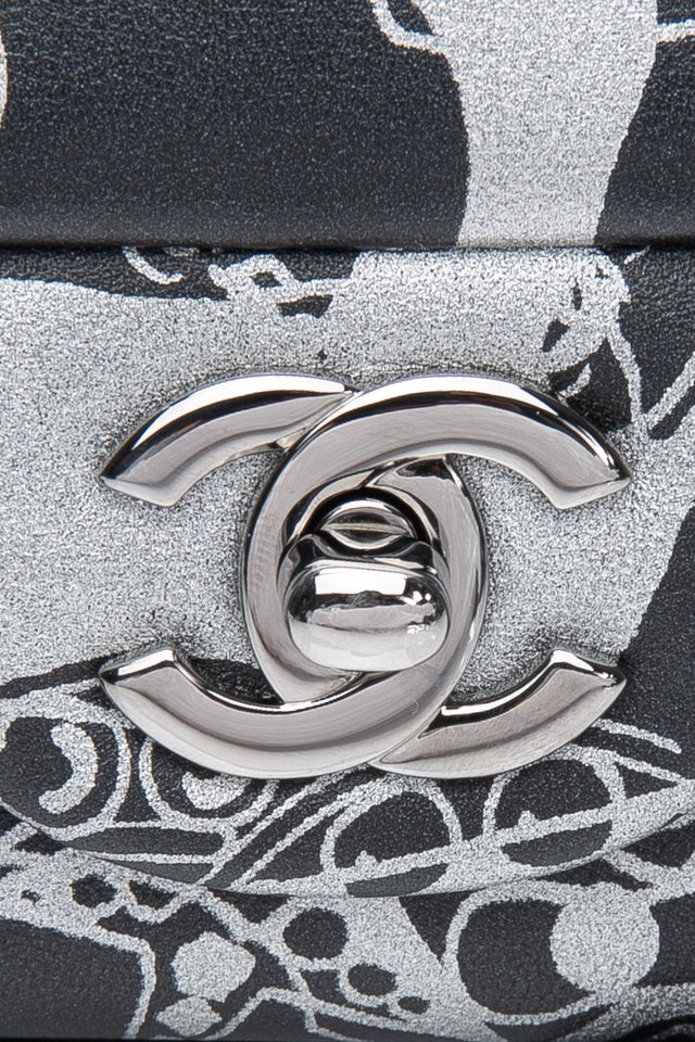 CHANEL 22C Black Silver Printed Lambskin Leather Rectangular Mini Flap Bag