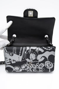 CHANEL 22C Black Silver Printed Lambskin Leather Rectangular Mini Flap Bag