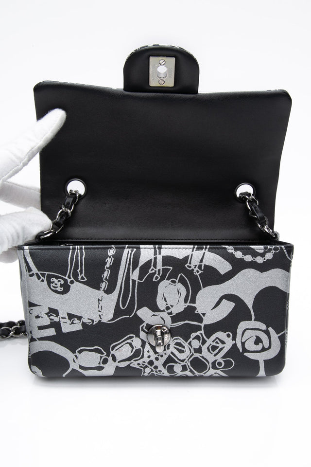 CHANEL 22C Black Silver Printed Lambskin Leather Rectangular Mini Flap Bag