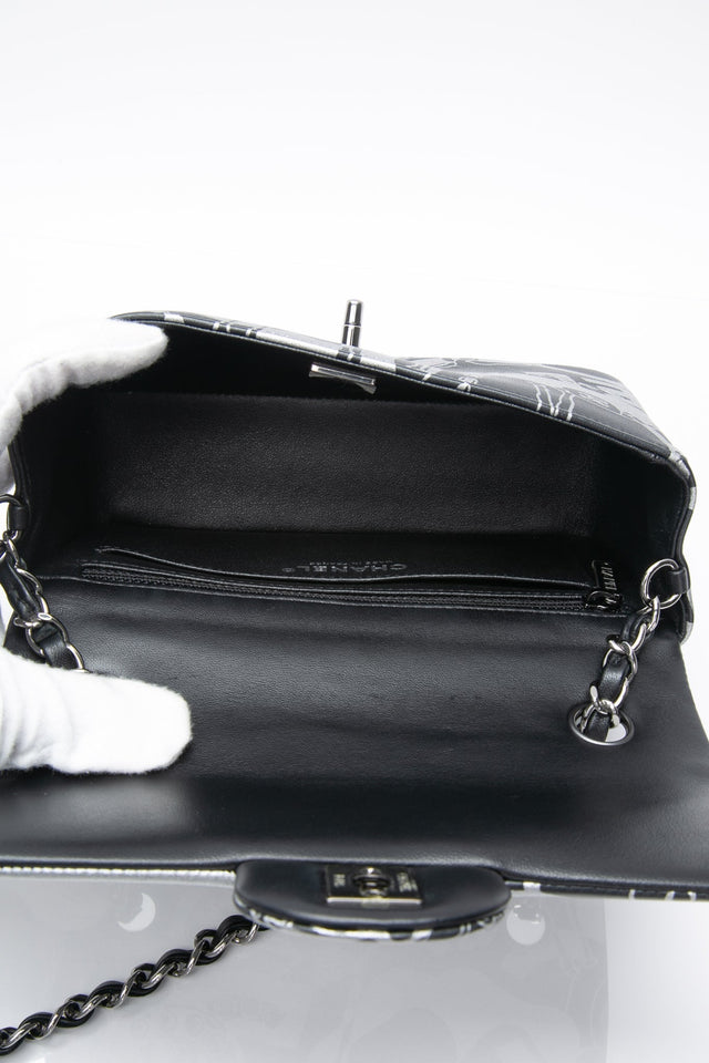 CHANEL 22C Black Silver Printed Lambskin Leather Rectangular Mini Flap Bag