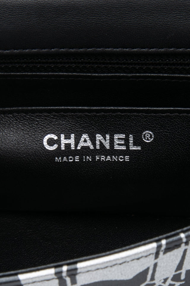 CHANEL 22C Black Silver Printed Lambskin Leather Rectangular Mini Flap Bag