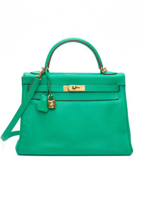 HERMES Menthe Green Kelly 32 Clemence Leather with Gold Hardware