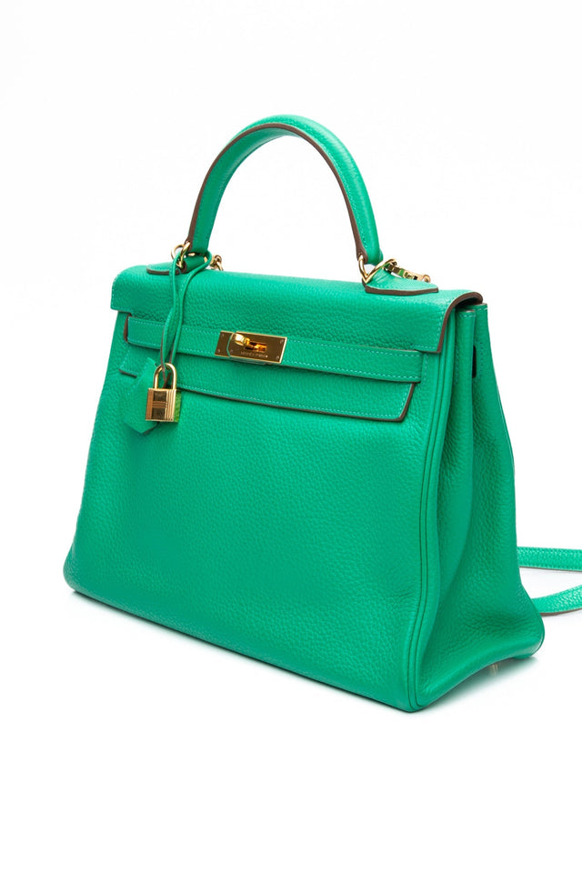 HERMES Menthe Green Kelly 32 Clemence Leather with Gold Hardware