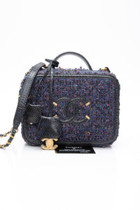 CHANEL Blue Tweed Quilted CC Filigree Python Medium