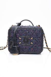 CHANEL Blue Tweed Quilted CC Filigree Python Medium