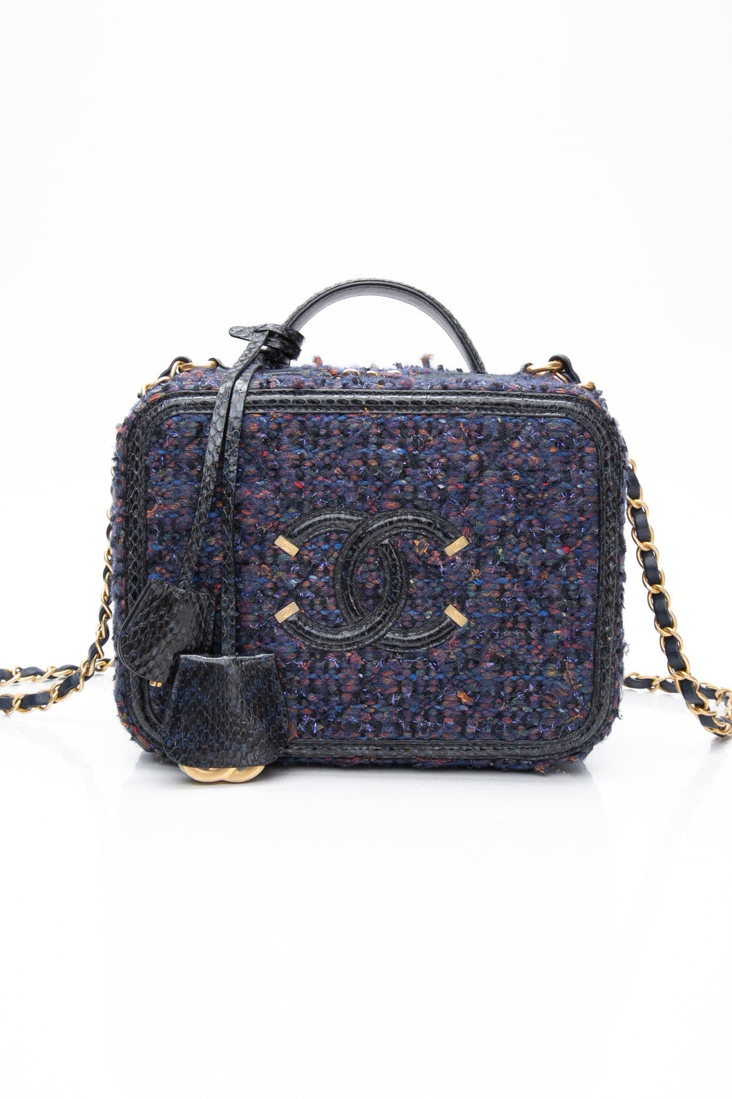 CHANEL Blue Tweed Quilted CC Filigree Python Medium
